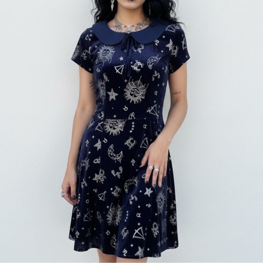 Navy Blue Zodiac Print Dress ModCloth Collectif xs silver celestial